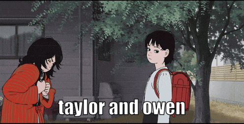 a girl with a red backpack is standing next to another girl with the name taylor and owen written on the bottom
