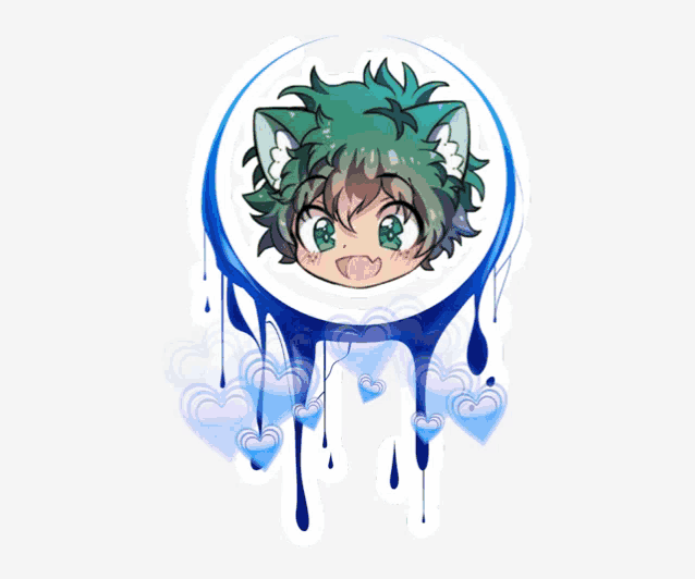 a drawing of a boy with a cat ear and green hair