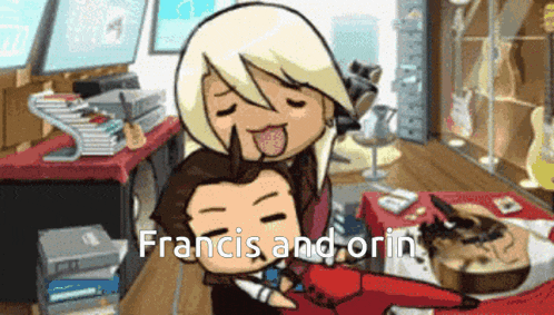 a cartoon of a woman hugging a man with the words francis and orin written on the bottom