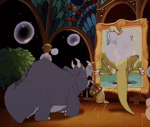 a cartoon of a rhino looking at a picture of a swan