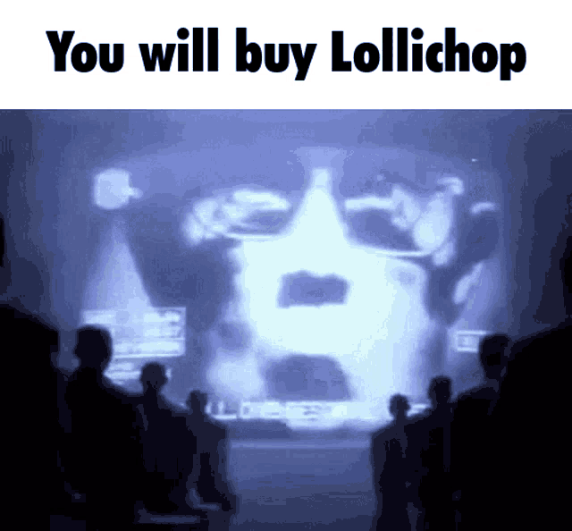 a group of people standing in front of a screen that says you will buy lolli chop