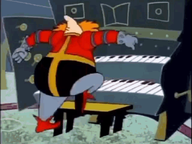 a cartoon character is standing next to a piano and playing it .