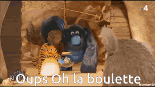 a group of stuffed animals standing next to each other with the words oops oh la boulette written on the bottom