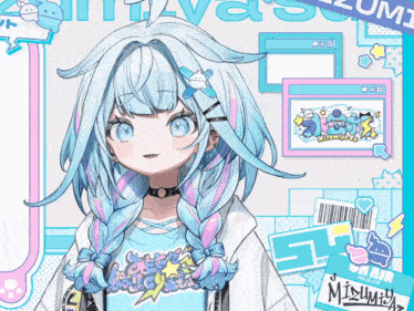 a girl with blue hair is wearing a shirt that says mizumizu