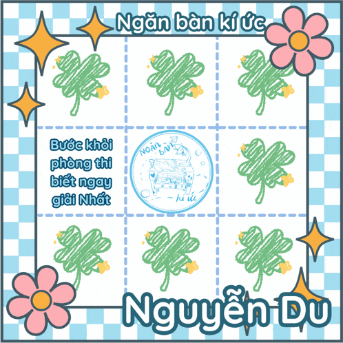 a drawing of clovers and flowers with the name nguyên du in the corner