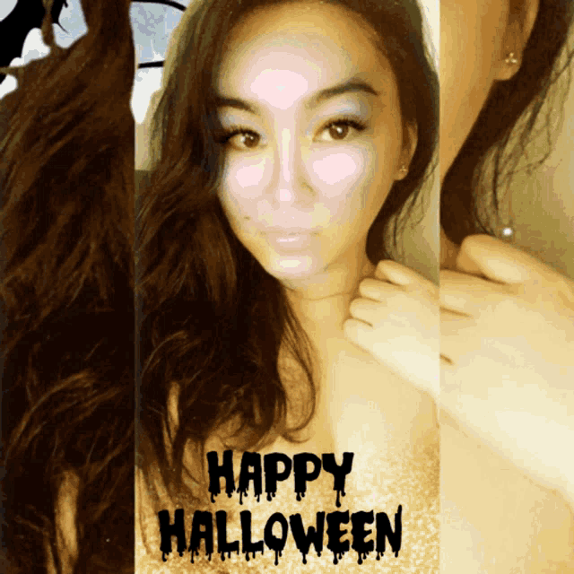 a picture of a woman with the words happy halloween on the bottom right