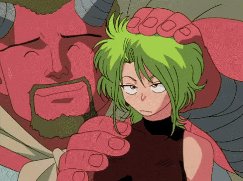 a cartoon of a woman with green hair pointing at the camera