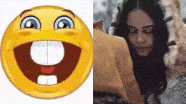 a smiley face next to a picture of a woman with a fur coat on .