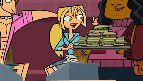 a cartoon character holding a tray of sandwiches