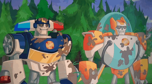 a couple of cartoon robots standing next to each other with one of them covered in mud