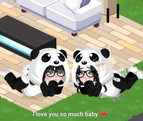 a couple of people wearing panda costumes with the words " i love you so much baby " above them