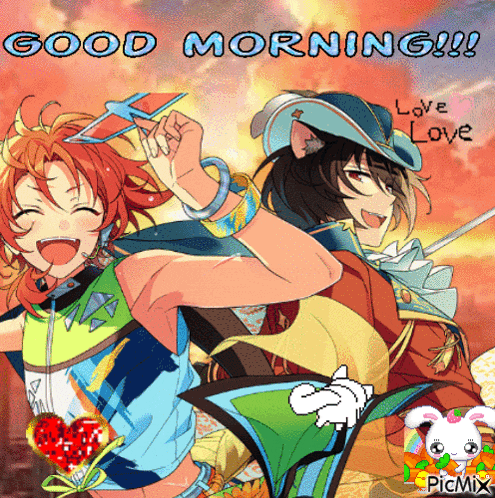 a picture of two anime characters says good morning