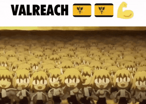 a large group of cartoon characters are standing in a line and the words valreach are above them