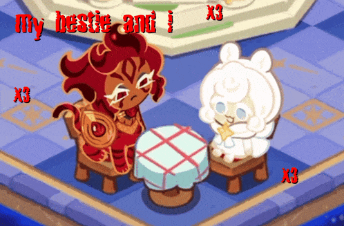 two cartoon characters sit at a table with the words " my bestie and i " in red letters