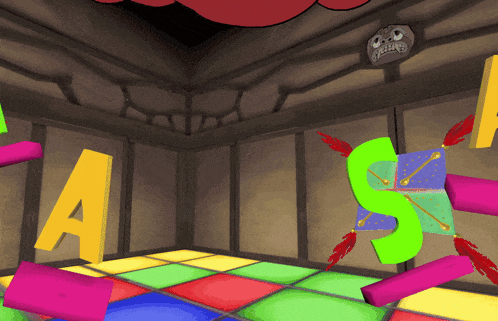 a cartoon drawing of a room with the letter a on the wall