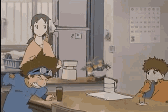 a cartoon scene with a calendar on the wall with the number 3 on it