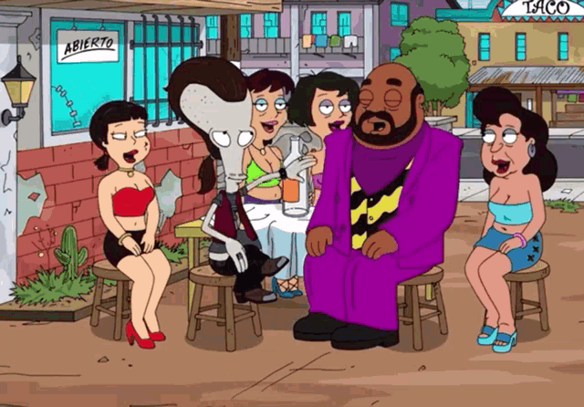 a group of cartoon characters are gathered outside a taco restaurant