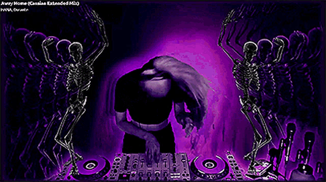 a woman is standing in front of a purple background with skeletons