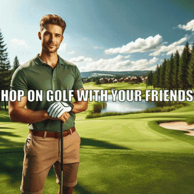 a man holding a golf club on a golf course with the words hop on golf with your friends below him