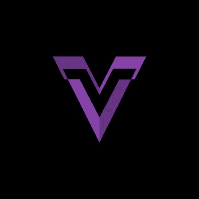 a purple triangle with the letter v in the middle on a black background .