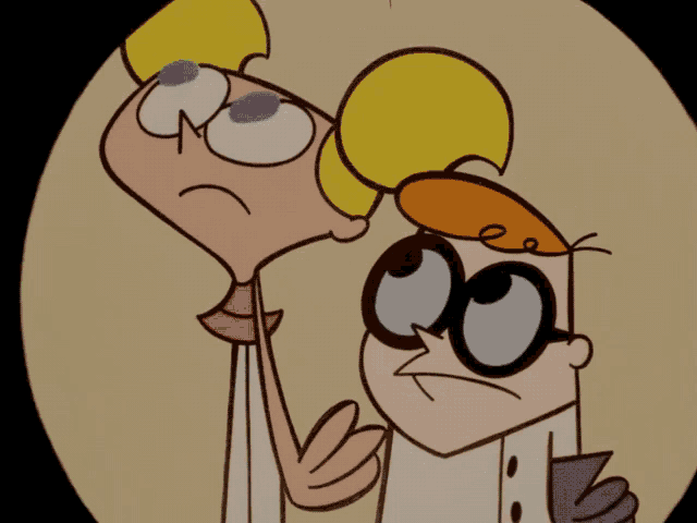 a couple of cartoon characters standing next to each other and one has glasses on