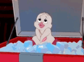 a cartoon duck is sitting in a red cooler filled with ice cubes