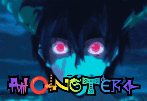 a cartoon character with red eyes and the word monster on the bottom right