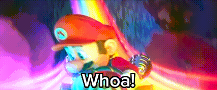 a cartoon character is standing in front of a rainbow and the words `` whoa '' are written below him .