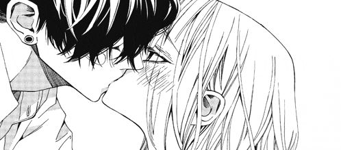 a man and a woman are kissing in a black and white drawing .
