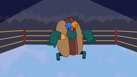 a cartoon of a hot dog wearing a boxing ring outfit