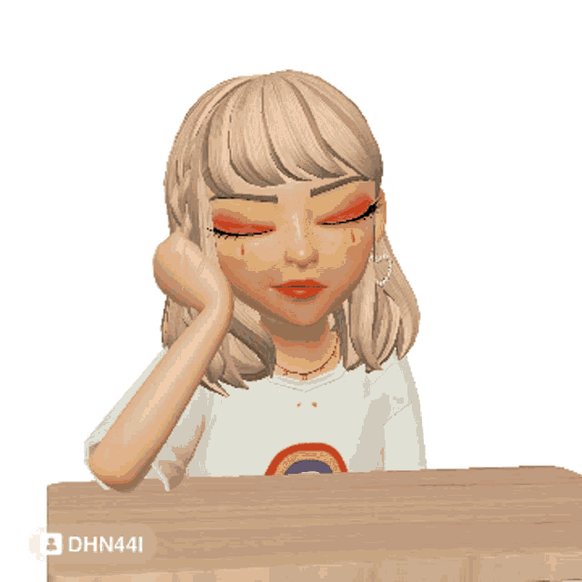 a girl wearing a white shirt with a rainbow on it sits at a desk