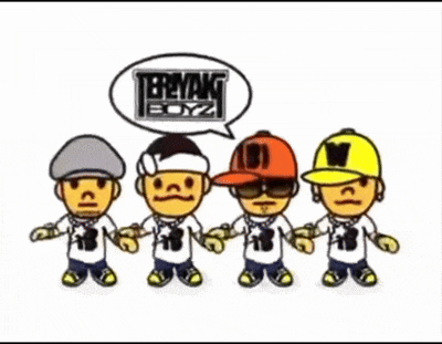a group of cartoon characters are holding hands with a speech bubble that says teeyang boyz