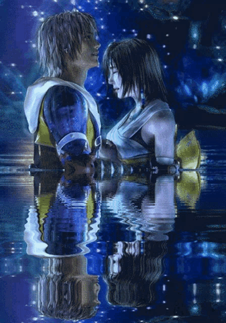 a man and a woman are standing in the water and their reflection is in the water