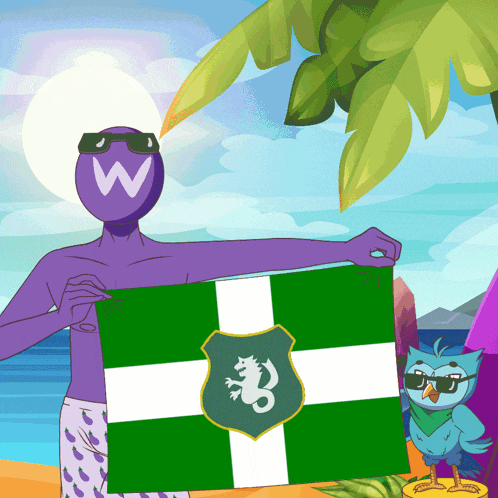 a cartoon character holding a green and white flag with a crest on it