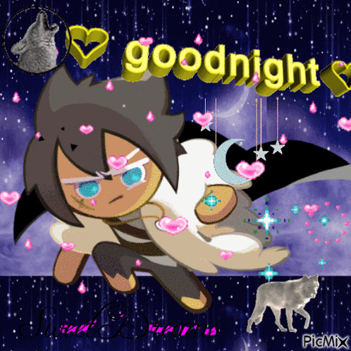 a cartoon character says goodnight with hearts and a wolf in the background