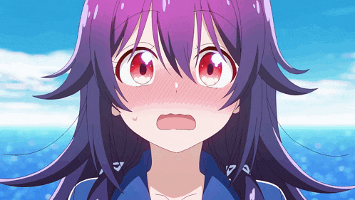 a girl with purple hair and red eyes is looking at the camera