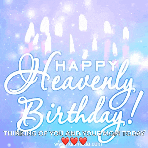 a happy heavenly birthday greeting card with candles in the background