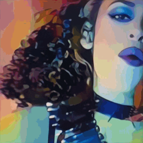 a painting of a woman with curly hair wearing a blue choker
