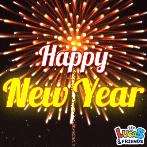a lucas & friends new year greeting card with fireworks