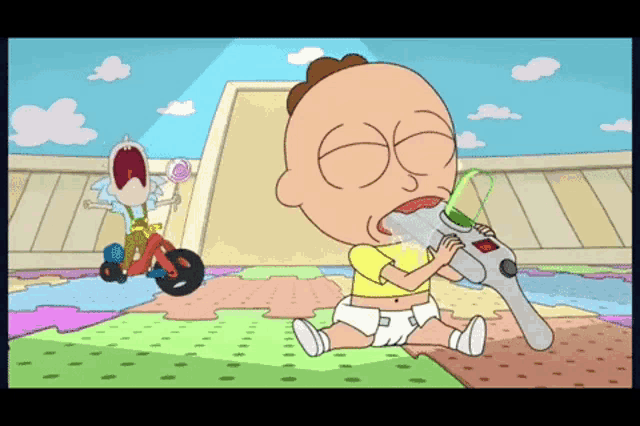 a cartoon of a baby holding a toy gun in his mouth