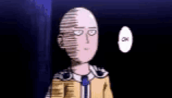 a bald man with a speech bubble that says `` ok '' is standing in a dark room .