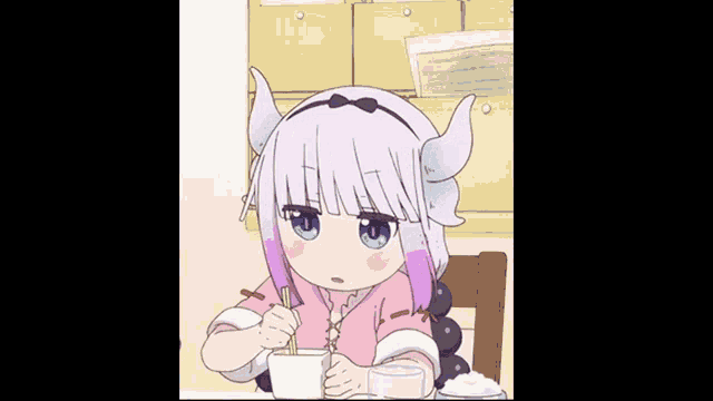 a cartoon girl with horns is sitting at a table eating food with chopsticks .