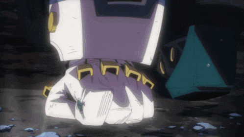 a cartoon character is kneeling down with a purple and white outfit