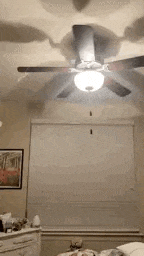 a ceiling fan is spinning in a bedroom with a light on .