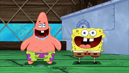 patrick star and spongebob are standing next to each other and smiling
