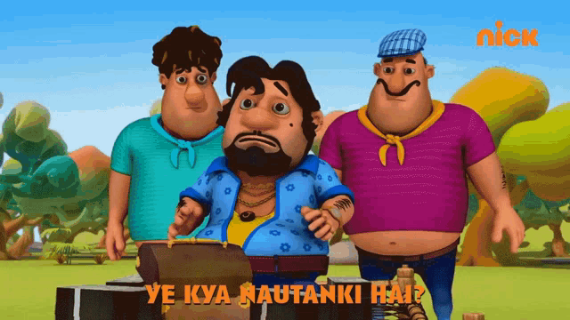 three cartoon characters standing next to each other with the words ye kya bautanki hai on the bottom