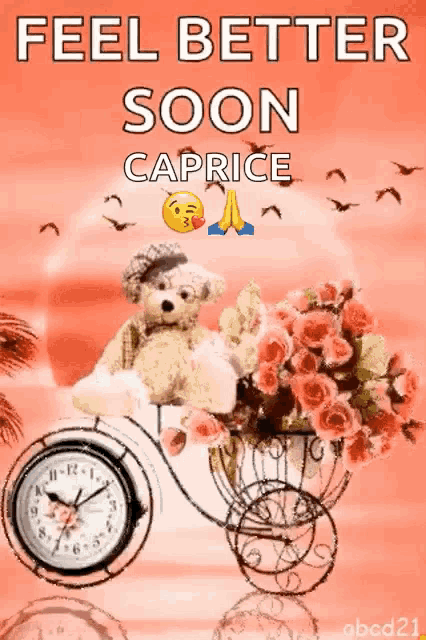 a teddy bear is riding a bicycle with flowers and a clock on it