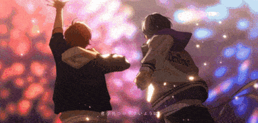 two anime characters holding hands with one wearing a jacket that says demons