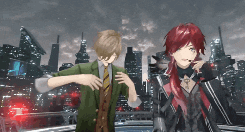 a couple of anime characters standing next to each other with a city in the background