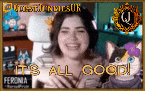 a poster for quest junkies uk shows a woman and a cat